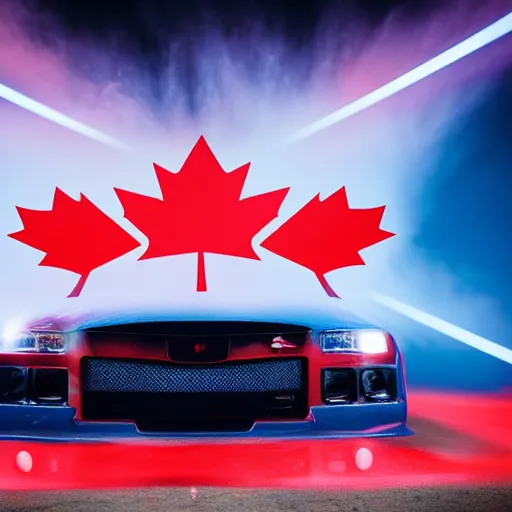 Image similar to electric blue R34 skyline with Canadian flag in the background, photography, 4k, volumetric lighting, glowing fog