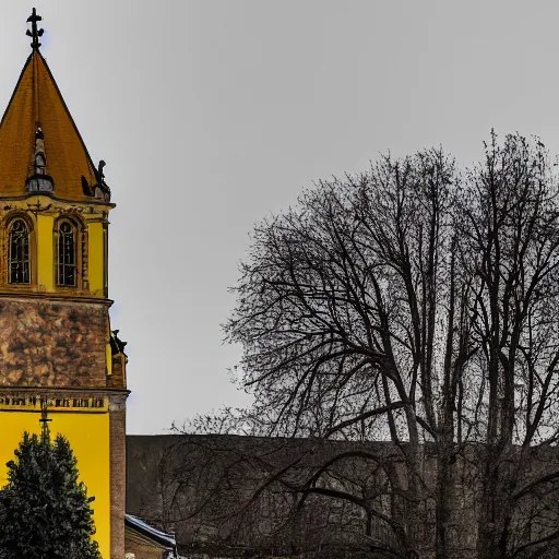 Image similar to a large yellow building with a steeple on top of it, a flemish baroque by karl stauffer - bern, unsplash, heidelberg school, panorama, wimmelbilder, on a hill, sadness, dark ambiance, by banksy