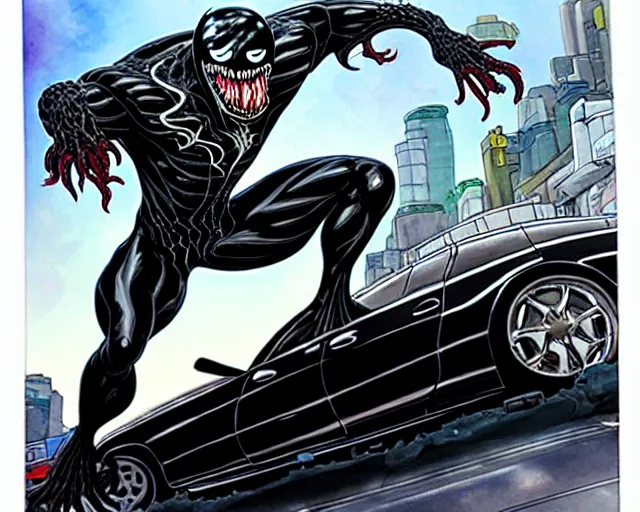 Image similar to A Venom standing on top of a wrecked car in the city, open arms art by Jason Chan and Gerardo Sandoval, Ultra detailed, hyper realistic,