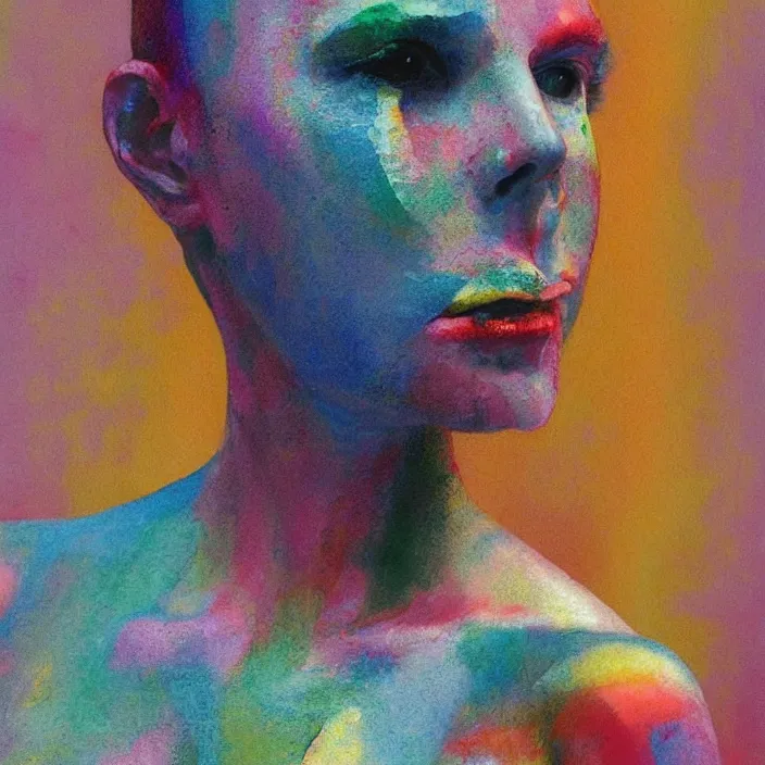 Prompt: colorful rainbow woman portrait in a translucent clothing made from plastic bag at store display, highly detailed, artstation, art by , edward hopper, zdislav beksinski, wayne barlowe