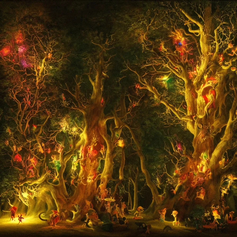 Prompt: closeup of a night carnival inside a tree cavity in a magical forest in the middle of a summer storm, with a music scenario with many fireworks and christmas lights, volumetric lightning, instense god rays in the sky, folklore people disguised with fantastic creatures in a magical forest by summer night, masterpiece painted by george stubbs, very coherent and colorful high contrast masterpiece,