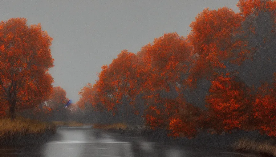 Image similar to autumn, midwest town, grey sky, leafs, trees, river, hyperdetailed, artstation, cgsociety, 8 k