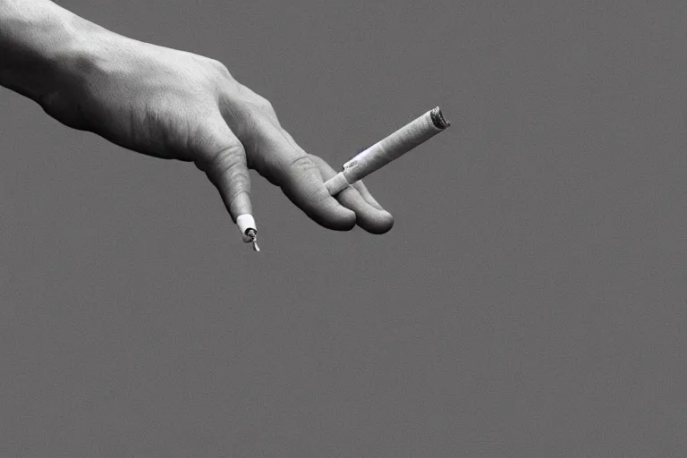 Image similar to thin hand with five 5 fingers holding a cigarette, hyper realistic, highly detailed, photo realistic