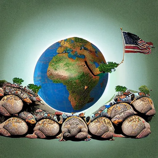 Image similar to earth globe on top of stack of turtles, turtles all the way down, digital art