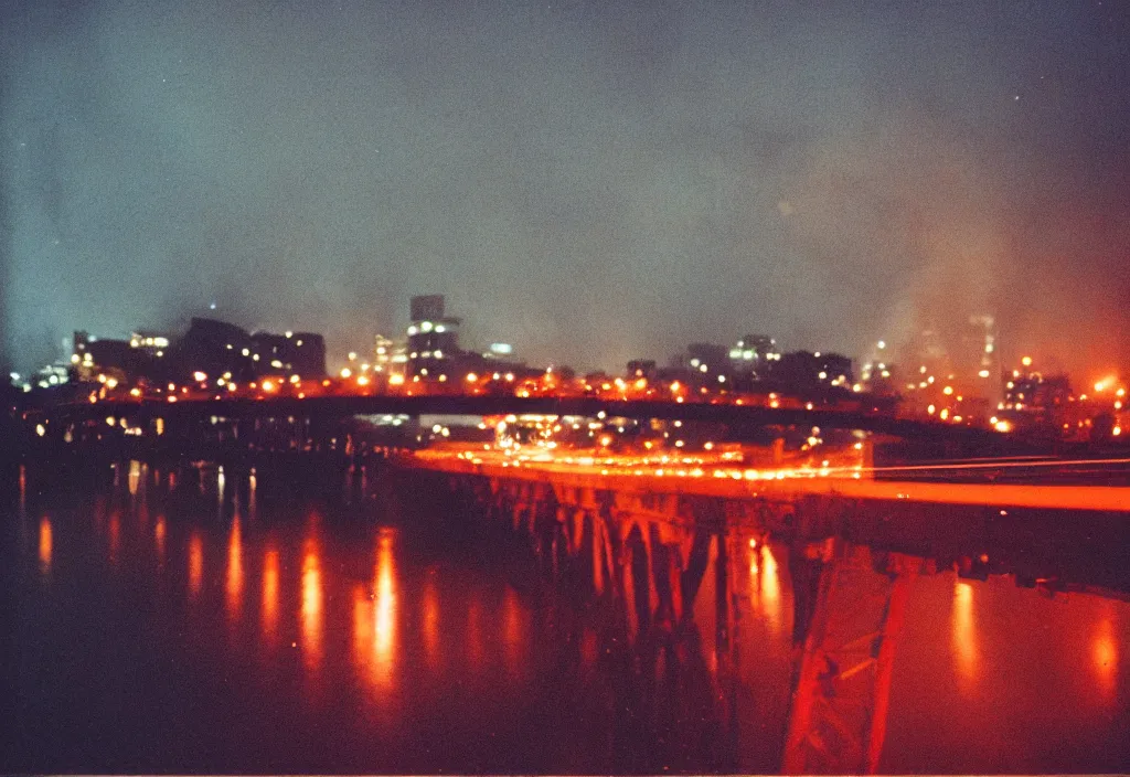 Prompt: lomo photo of a large burning bridge, cinestill, bokeh, out of focus, night, dramatic lighting