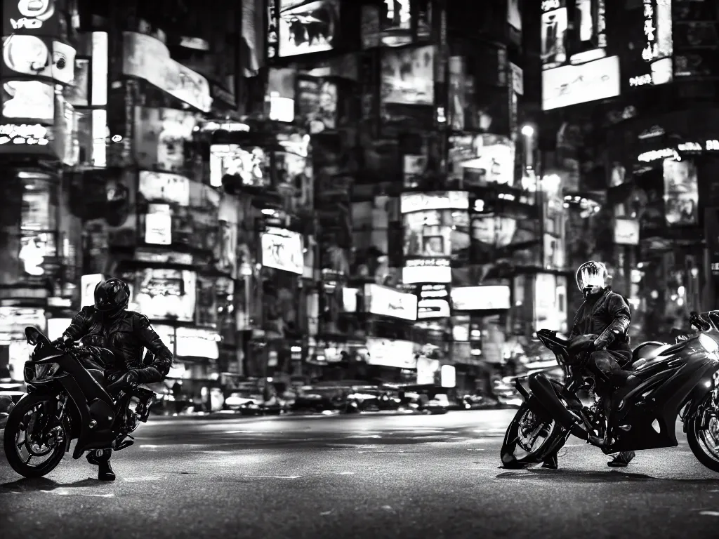 Image similar to a Photorealistic hyperdetailed hyper realistic dramatic moody Low angle night photograph of biker riding a GSX R1000 in the middle of busy shibuya crossing Tokyo,multiple light trails by Lindsay Adler,Beautiful dramatic very dark moody tones and lighting,cinematic atmosphere,photorealism,8K