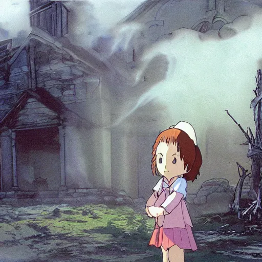 Image similar to ghost of a young girl, a burnt out church, wisps of smoke, photorealism, cel shaded, studio ghibli, hayao miyazaki