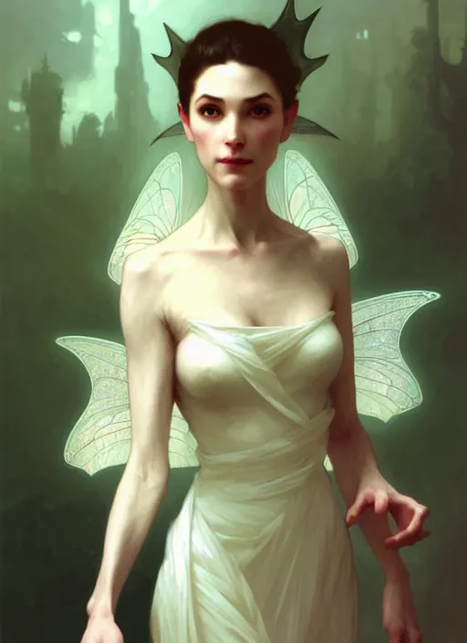 Image similar to character concept portrait of a fairy with pointy ears and an elegant gown, pale face, intricate, elegant, digital painting, concept art, smooth, sharp focus, illustration, from Metal Gear, by Ruan Jia and Mandy Jurgens and William-Adolphe Bouguereau, Artgerm