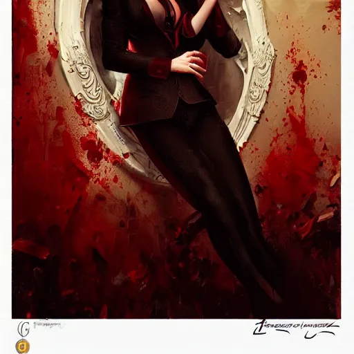 Prompt: portrait of jacqueline fernandez upper body in bloody business suit, blood red eyes, vampire fangs, fantasy, intricate, elegant, highly detailed, digital painting, artstation, concept art, matte, sharp focus, illustration, art by aenaluck and roberto ferri and greg rutkowski, epic fantasy, digital painting