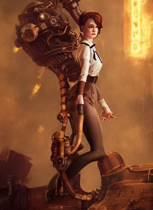 Image similar to Bioshock steampunk Emma Stone, au naturel, hyper detailed, digital art, trending in artstation, cinematic lighting, studio quality, smooth render, unreal engine 5 rendered, octane rendered, art style by klimt and nixeu and ian sprigger and wlop and krenz cushart