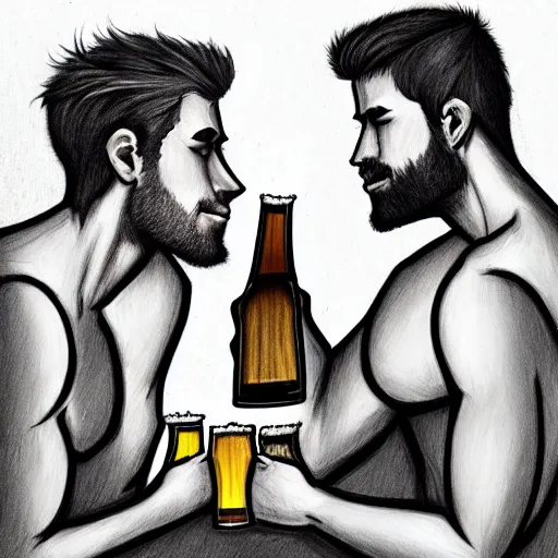 Image similar to two beautiful chad men drinking beers, many white hearts, friendship, love, sadness, dark ambiance, concept by Godfrey Blow, featured on deviantart, drawing, sots art, lyco art, artwork, photoillustration, poster art