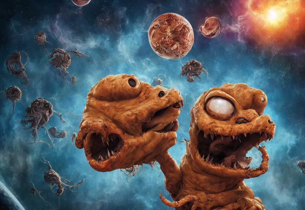 Image similar to eldritch horror bloody garfield in space, hd, 8 k, giant, epic, realistic photo, unreal engine, stars, prophecy, powerful, cinematic lighting, destroyed planet, debris, violent, sinister, ray tracing, dynamic, epic composition, dark, horrific, teeth, grotesque, monochrome drawing, hellscape, death, corpses, foreboding