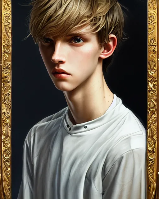 Image similar to portrait of 1 5 - year - old boy, a tall, slender boy with a pale, pointed face, sleek blond hair, and ice grey eyes, hyper realistic face, beautiful eyes, close up, fantasy art, in the style of greg rutkowski, intricate, alphonse mucha, hyper detailed, smooth