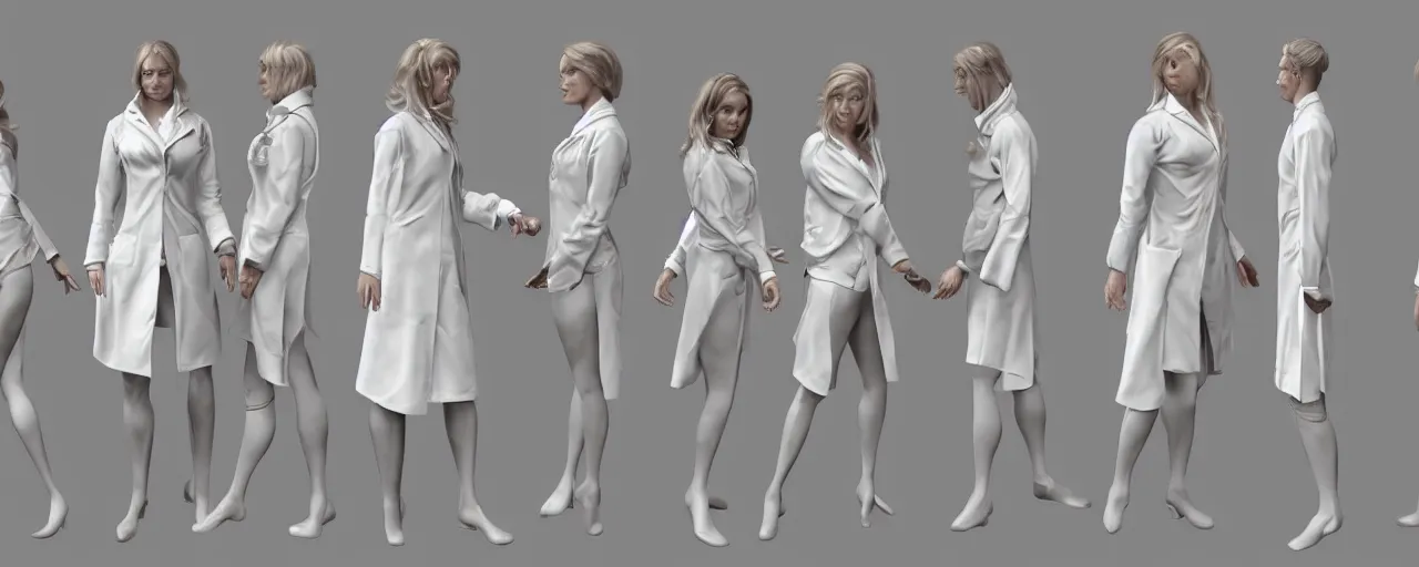 Image similar to character design, reference sheet, gaunt, a beautiful and elegant young lady, doctor's white coat, concept art, photorealistic, hyperdetailed, 3d rendering , art by Leyendecker and frazetta,