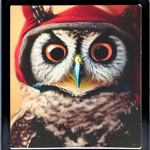 Prompt: !!! sticker!!! close - up polaroid photo of anthropomorphic owl anthropomorphic!!! wearing a hoodie!!!!