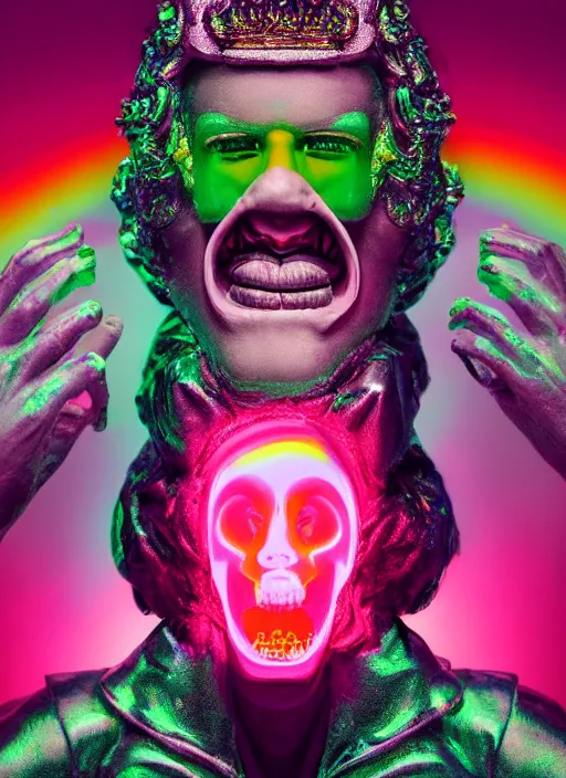 Image similar to photo of baroque and bladerunner delicate neon diamond sculpture of ceramic albino king santiago cabrera seductive delicious tongue sticking out, creamy pink iridescent humanoid deity wearing red furry hoody holding diamond skull in a green metallic dungeon, reclining, glowing rainbow face, crown of white diamonds, cinematic lighting, photorealistic, octane render 8 k depth of field 3 d