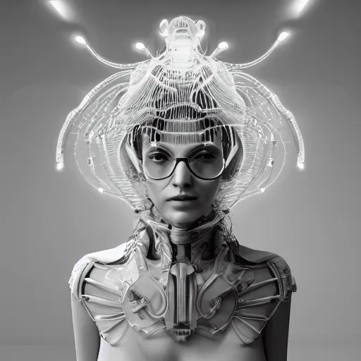 Image similar to portrait of an absurdly beautiful, graceful, sophisticated, fashionable cyberpunk mechanoid gravure idol, ultrafine hyperdetailed illustration by irakli nadar, matt wisniewski style, marvel comics, intricate linework, porcelain skin, neon jellyfish headdress, ivory carved ruff, unreal engine 5 highly rendered, global illumination, radiant light, detailed and intricate environment