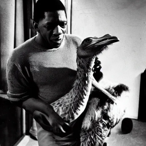 Image similar to john coltrane snuggling an ostrich