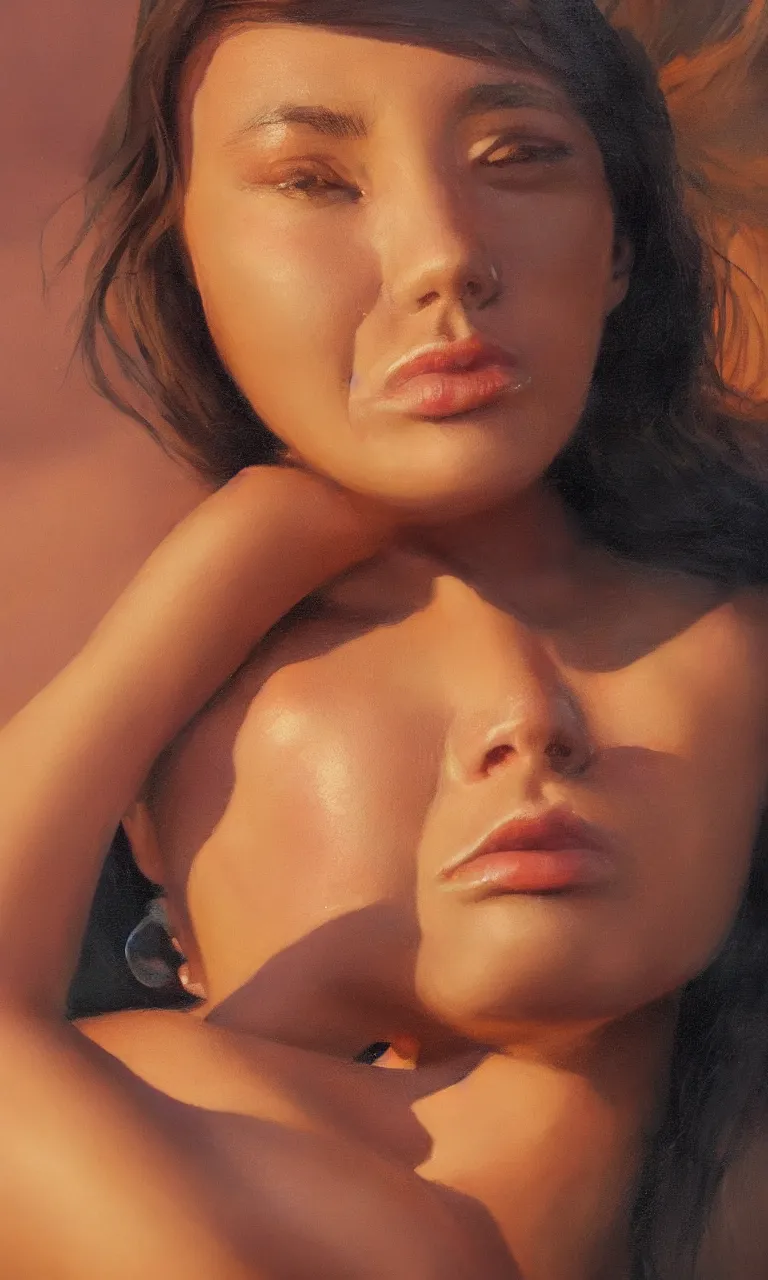 Prompt: a face portrait of a beautiful girl enjoying the warm sunlight, cuban setting, close - shot, symmetrical face, warm colors, soft lighting, atmospheric, cinematic, moody, in the style of diego koi, gina heyer, luiz escanuela, art by alyssa monk, hyperrealism, rule of thirds, golden ratio, oil on canvas, 8 k