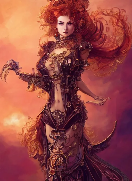 Prompt: three-quarters pose portrait of sensual Lady Mechanika, very beautiful young woman, ginger wavy hair, Intricate, steampunk imagery themed, D&D!, fantasy style, sharp focus!, ultra detailed, art by Artgerm and Peter Andrew Jones, WLUP