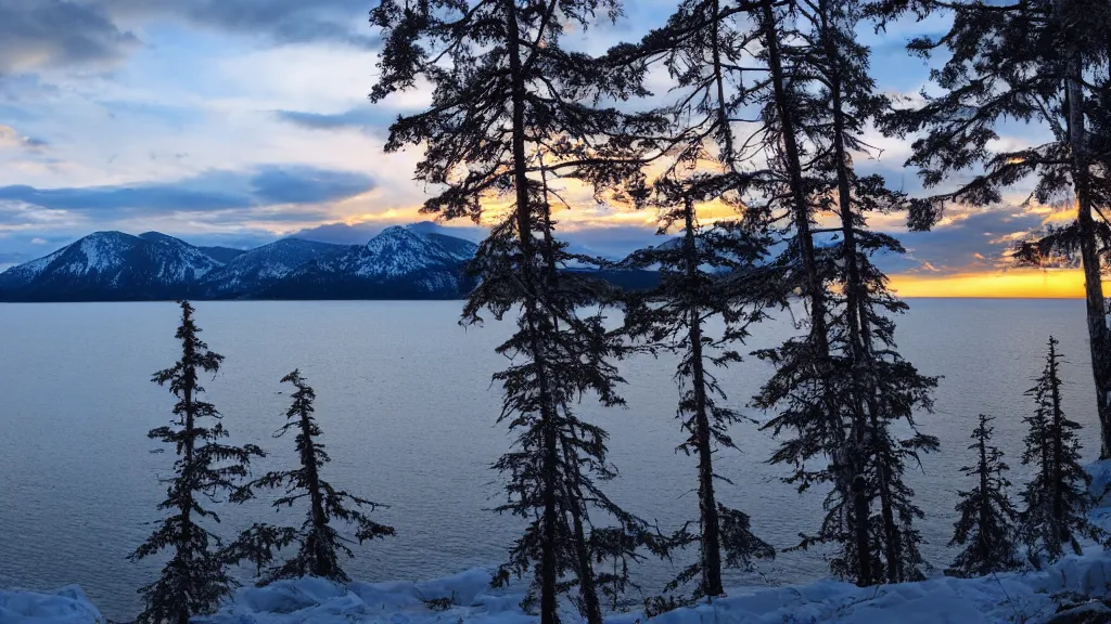 Prompt: amazing lake view photo of golden taiga, beautiful dramatic lighting