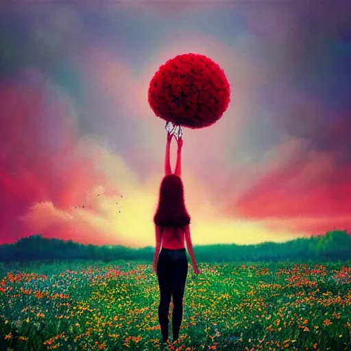 Image similar to giant red flower afro, full body, girl slendering in the middle of a field with flowers, surreal photography, hills, sunrise dramatic light, impressionist painting, colorful clouds, digital painting, pointillism, artstation, simon stalenhag