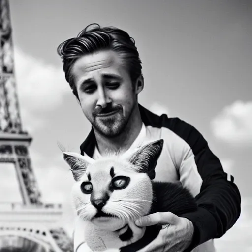 Image similar to Ryan Gosling holds a caracal cat in his hands against the backdrop of the Eiffel Tower, photography award winning