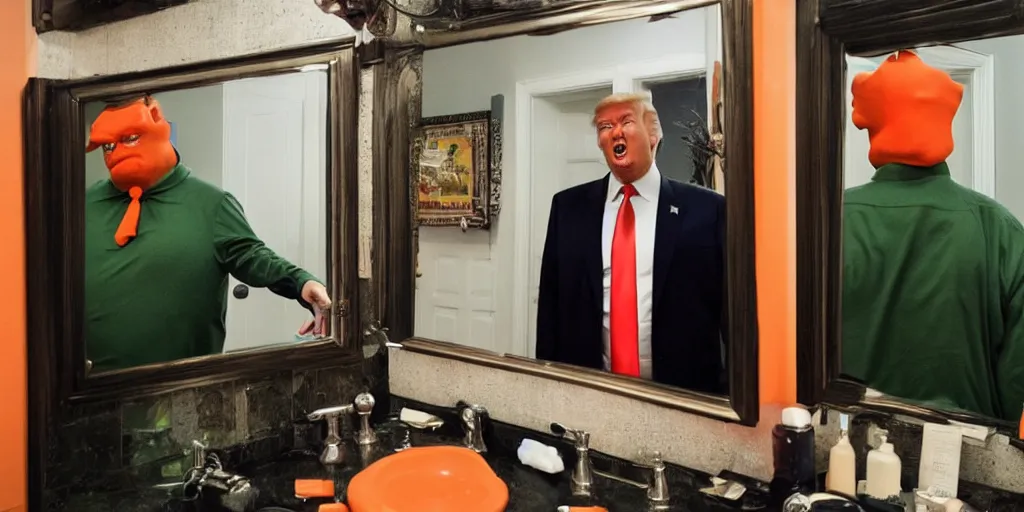 Prompt: ultra wide angle photo of donald trump dressed in a green flannel shirt and black dress pants as clark kent looking at himself in a bathroom mirror and seeing his reflection dressed as an orange skinned oompa loompa