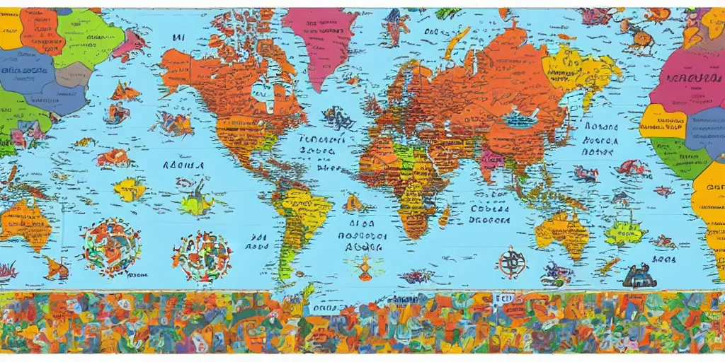 Prompt: a world map made out of colorful paper, in the style of paper mario