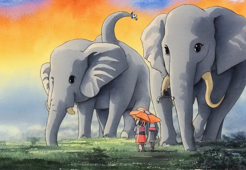 Prompt: a hyperrealist watercolor concept art from a studio ghibli film showing a giant grey dumbo the elephant. a hindu temple is under construction in the background in india on a misty and starry night. by studio ghibli. very dull muted colors