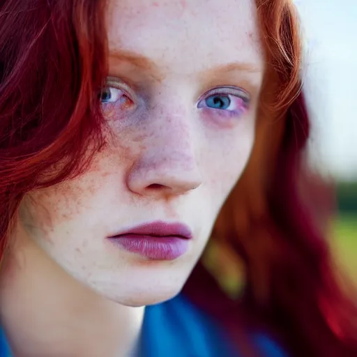 Prompt: close up portrait photograph of a thin young redhead woman with russian descent, with deep blue eyes. Wavy long maroon colored hair. she looks directly at the camera. Slightly open mouth, with a park visible in the background. 55mm nikon. Intricate. Very detailed 8k texture. Sharp. Cinematic post-processing. Award winning portrait photography. Sharp eyes.