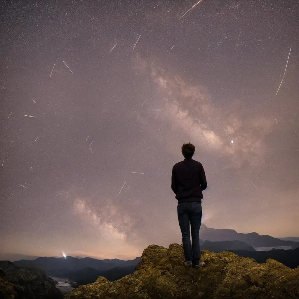 Image similar to twenty year old man with brown hair, with his hands in his pockets, looking over a cliff at a beautiful landscape of rivers and mountains as a meteor shower happens overhead