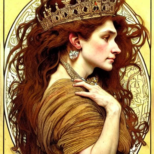 Image similar to highly detailed portrait of a majestic lioness queen in the form of a beautiful woman. d & d, art by anton pieck and augustus edwin mulready and alphonse mucha. trending on artstation, intricate details, energetic composition, golden ratio, concept art, illustration, elegant art