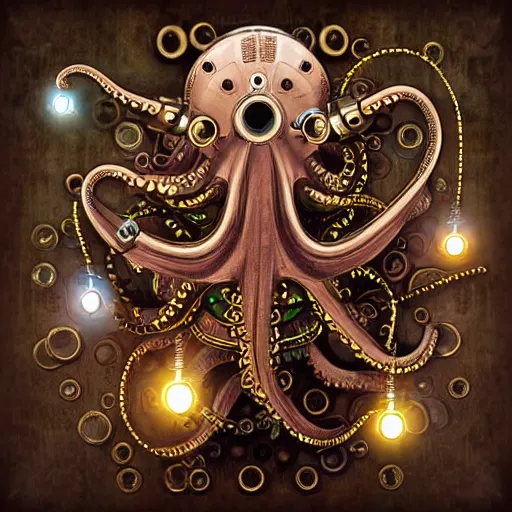 Image similar to steampunk octopus with headphones playing synthesizers, lights, lasers, music, highly detailed, realistic,