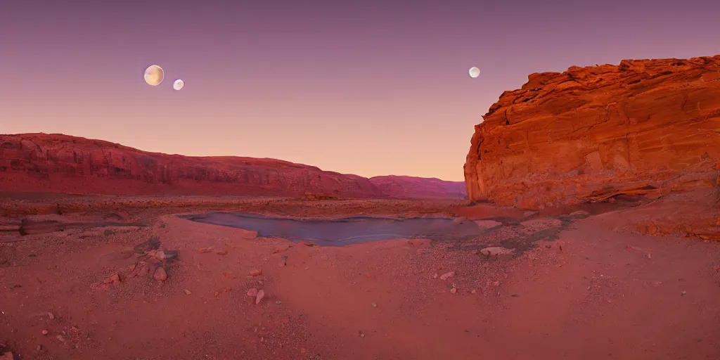 Prompt: a ground - level view of a river bend running through a canyon surrounded by desert mountains at sunset on mars, purple sky, two moons, planet mars, moab, utah, a tilt shift photo by frederic church, trending on unsplash, hudson river school, photo taken with provia, national geographic photo