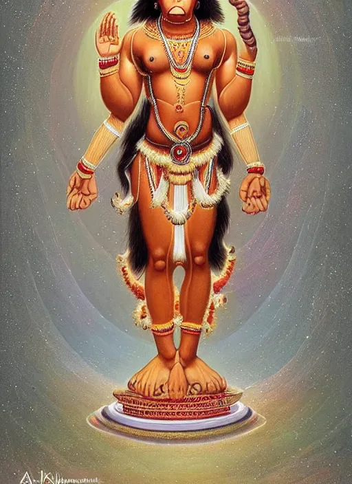 Image similar to a full body portrait of beautiful ornated hanuman!!!! god with flowing medium hair, soft facial features, kind appearence, digital art by krishen khanna and madhvi parekh, symmetrical body, artgerm, portrait, muted color scheme, highly detailed, outrun art style