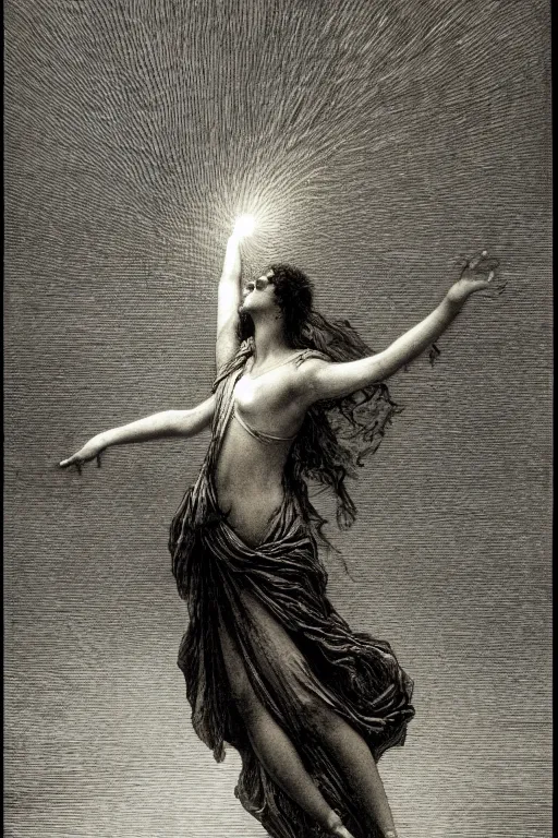 Image similar to dancer in the wind by gustave dore, light cone, reimagined by industrial light and magic