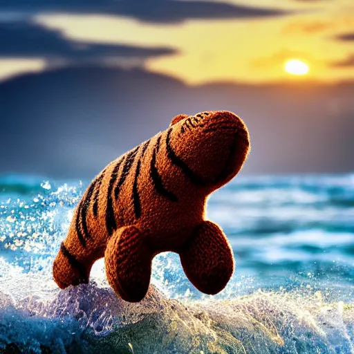 Prompt: a closeup photorealistic photograph of a smiling cute knitted tiger hippopotamus plush toy riding a large wave during sunset. surf in the background. professional capture. brightly lit scene. this 4 k hd image is trending on artstation, featured on behance, well - rendered, extra crisp, features intricate detail, epic composition and the style of unreal engine.