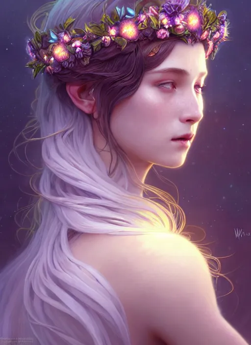 Image similar to a beautiful cinematic female druid goddess, flower Crown, galatic shamen with Quantum energy fantasy, fantasy magic, undercut hairstyle, dark light night, intricate, elegant, sharp focus, illustration, highly detailed, digital painting, concept art, matte, art by WLOP and Artgerm and Greg Rutkowski and Alphonse Mucha, masterpiece