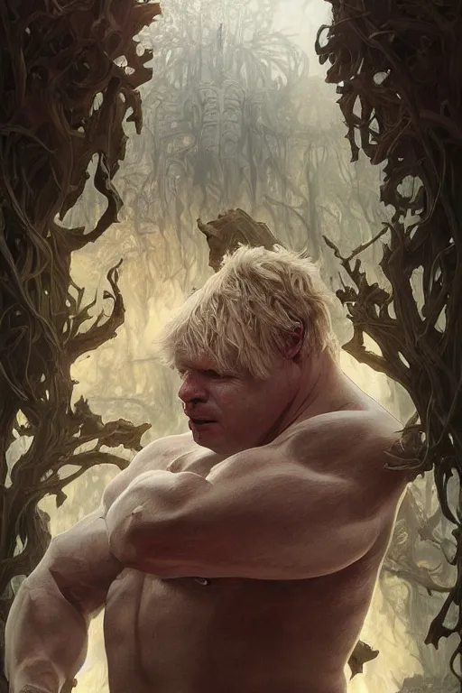 Image similar to portrait of boris johnson as a very pale hulking herculean demon, forest, godlike, full body, fantasy, intricate, elegant, highly detailed, digital painting, artstation, concept art, sharp focus, illustration, art by artgerm and greg rutkowski and alphonse mucha