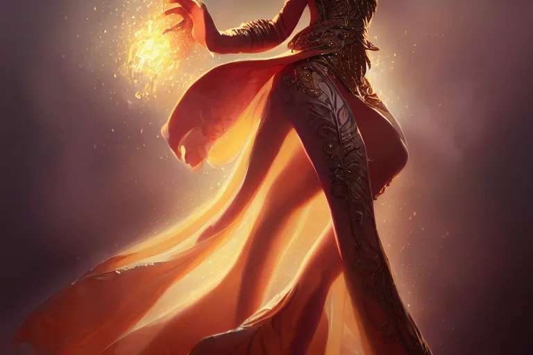 Prompt: Magician, female, fantasy, silk robes, explosion, dramatic, intricate, elegant, highly detailed, digital painting, artstation, concept art, smooth, sharp focus, illustration, art by Boris Vallejo, octane render