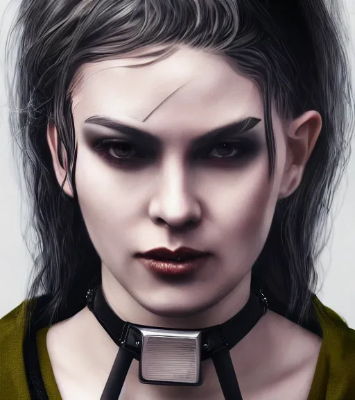 Image similar to detailed realistic female character cyberpunk wearing thick steel collar around neck, realistic, art, beautiful, 4K, collar, choker, collar around neck, punk, artstation, detailed, female, woman, choker, cyberpunk, neon, punk, collar, choker, collar around neck, thick collar, tight around neck, punk,