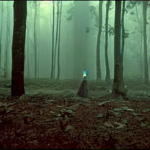 Image similar to a forest, in the background there is a young man wearing red clothes. still from blade runner.