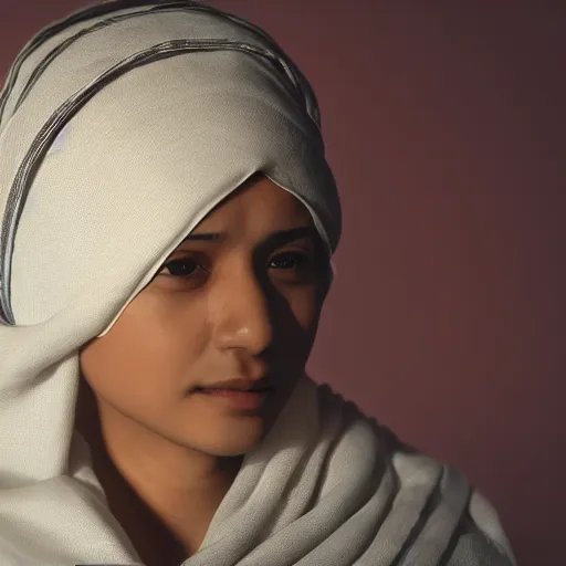 Prompt: a nepali wearing a white shawl, sad, tears, octane render, unreal engine