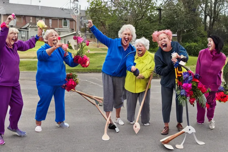 Prompt: a gang of old ladies waving sledge hammers and flowers, and wearing track suits laughing maniacally and screaming