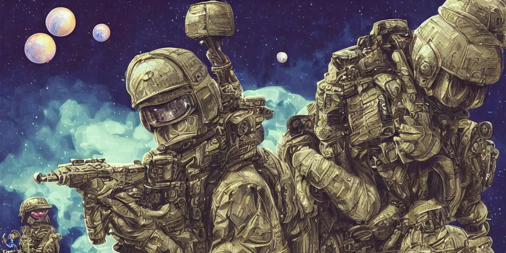 Image similar to military sci fi muppet special forces soldiers,inks,octane render photorealistic, blue,gold,white,black octane render, insanely detailed, realistic, + psychedelic, cosmic energy by Kelly McKernan, yoshitaka Amano, hiroshi yoshida, moebius, loish, artgerm, happy,joyful, painterly, symmetrical and detailed hyperdetailed 8k, moebius,steven wiltshire, , hyper detailed,high contrast,vivid psychedelic colors,, Neon Genesis Evangelion, mathematics and geometry, loony toons, saturated, sun rays + Laurie Greasley + Katsuhiro Otomo, Craig Mullins, 8k, octane render, trending on artstation, hyper detailed,