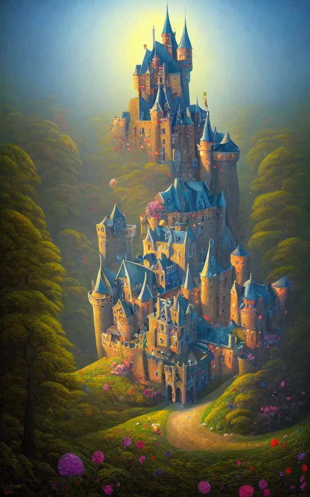 Prompt: close view of a castle an oil on canvas portrait painting of world castle happy place, volumetric light godray, surrealism, surrealist, impossible geometry, rob gonsalves, high detail fantastic gediminas pranckevicius