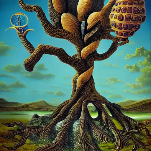 Prompt: Trending on artstation, award-winning, highly detailed, surrealist painting of a tree, in the style of Salvador Dalí