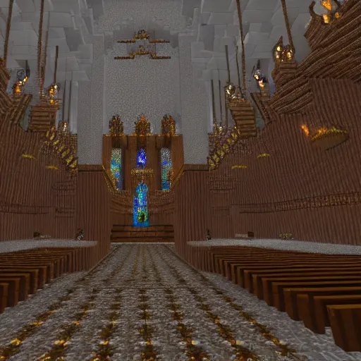 Image similar to inside a large church cathedral for a blood god built in minecraft, ornate, fancy, gloomy