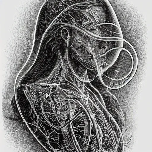 Image similar to hyper detailed bw linear pencil drawing, woman portrait, cyberpunk, organic symmetric shapes by ernst haeckel